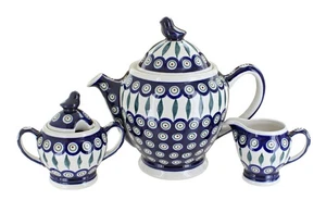 Blue Rose Polish Pottery Peacock 3 PC Coffee Pot Set with Bird Topper - Picture 1 of 1