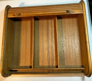 VTG MCM EPPCO Teak Wood Tambour Roll Top Wood Storage Box Desktop 3 Compartments - Picture 1 of 7