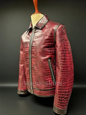Men's Red Leather Jacket Crocodile Embossed Pattern Alligator Leather Jacket - Image 1 of 4