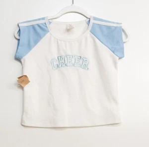 Kids USA Girls White Sky Blue Polyester T-Shirt Cheer Graphic Cap Sleeve Size 10 - Picture 1 of 6
