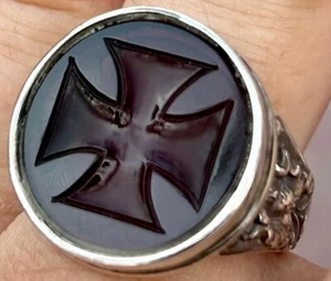 Sterling Silver Custom Made & Hand Carved Intaglio Glass Iron Cross Ring Sz 6-5 - Picture 1 of 8