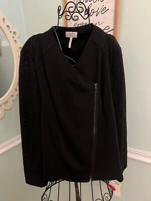 Blazer LAUNDRY SHELLI SEGAL preto com zíper frontal feminino 2X novo com etiquetas manga de renda $140 - Imagem 1 de 4