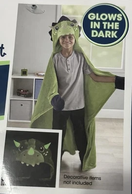 "Manta con capucha de dinosaurio verde con paquetes de mano cara brilla en la oscuridad 40x50"" nueva con etiquetas" Foto 1 de 4