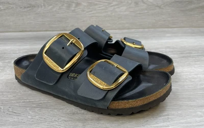 Birkenstock Arizona Big Buckle Women's Sandals 10 Black Leather Gold Comfort - Image 1 of 4