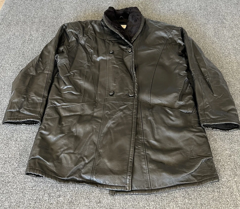 Venezia 复古皮革夹克女式加 18w 黑色长线夏尔巴内衬长线 — 第 1/4 张图片