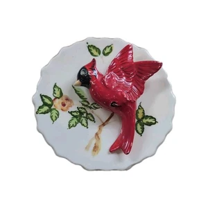 Vintage Round Ceramic Bird Figure Red Cardinal 3D Wall Pocket JAPAN - Picture 1 of 5