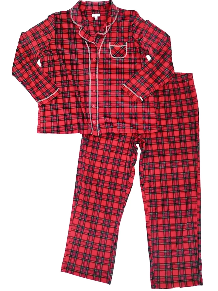 Pijama de mujer rojo verde azul a cuadros polar conjunto para dormir 2X Foto 1 de 1
