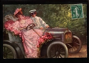 FRANCE WOMAN IN FLAMBOYANT PINK DRESS DRIVES CAR AUTOMOBILE POSTCARD 1913 CA363 - Picture 1 of 2