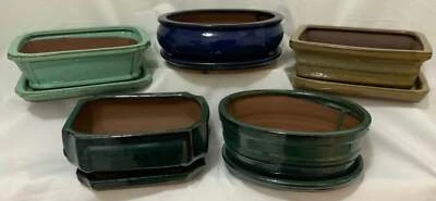 8" Glazed Ceramic Bonsai Pots with Matching Trays!! - Several Styles - Image 1 of 4