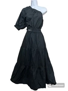 NUEVO CON ETIQUETAS Mujeres Vestido Midi en Niveles Un Hombro Recortado Cintura L Negro Capricho Boho - Imagen 1 de 10