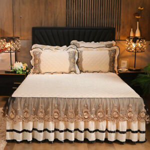 Embroidered Lace Velvet Bedspread King Full Quilted Soft Double Bed Skirt Sheet
