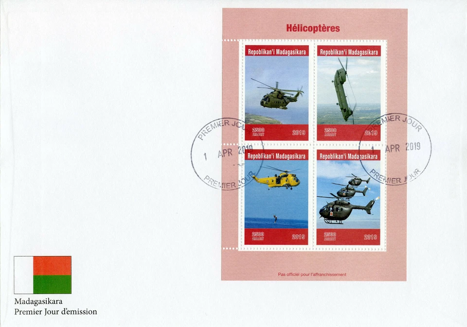 Madagascar 2019 FDC Helicopters Helicopter 4v MS Cover Red Cross Aviation Stamps - Image 1 of 1