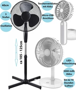 Standventilator Ventilator Tischventilator mit Akku & LED Taschenventilator - Bild 1 von 12