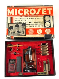 Antik 20er 30er Jahre Mikroset Spielzeug Mikroskop Set mit Box Wissenschaft - Bild 1 von 11