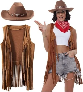 Western Cowgirl Outfits Women Hippie Costume Tassels Fringe Vest Hat Bandana S - Picture 1 of 6
