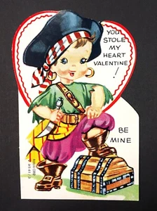 Vintage Valentines Day Greeting Card Pirate Boy and Treasure Chest A-Meri-Card - Picture 1 of 2