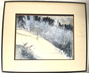 ORIGINAL SKIING WATERCOLOR PAINTING,RUTH TURNER,MOUNTAIN CABIN/LODGE DECOR,GIFT! - Picture 1 of 7