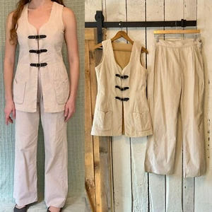 Vintage 60s Beige Brown Corduroy Vest Vinyl Buckles Bell Bottom Pants Suit M/L - Picture 1 of 11