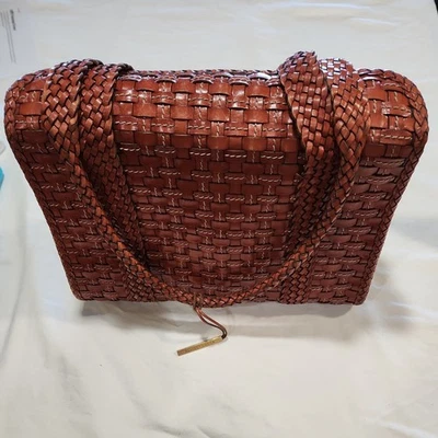Vintage Elliott Lucca Woven Leather Red Brown, White Stitching Shoulder Bag  - Image 1 of 4