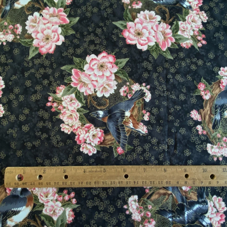 Kiyomi Bird Floral Fabric Black Quilting Fabric 26x41 - Image 1 of 4