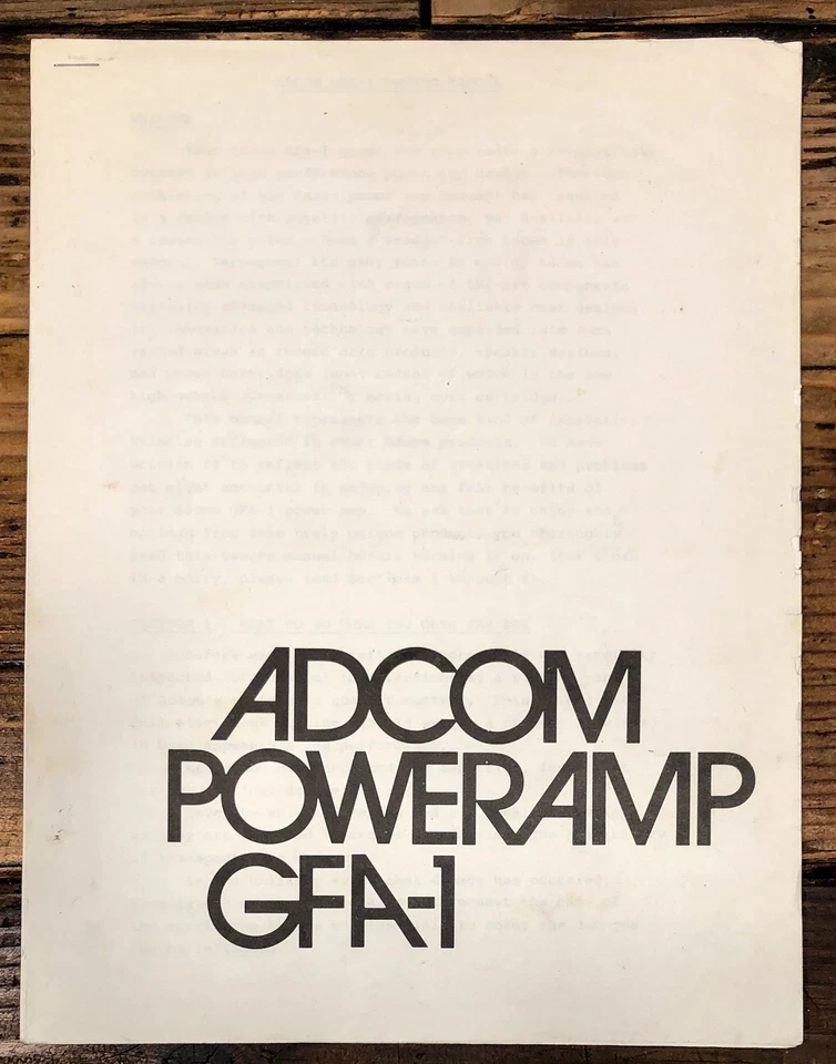 Adcom GFA-1 Amplifier Owners / User Manual *Original* - Image 1 of 1