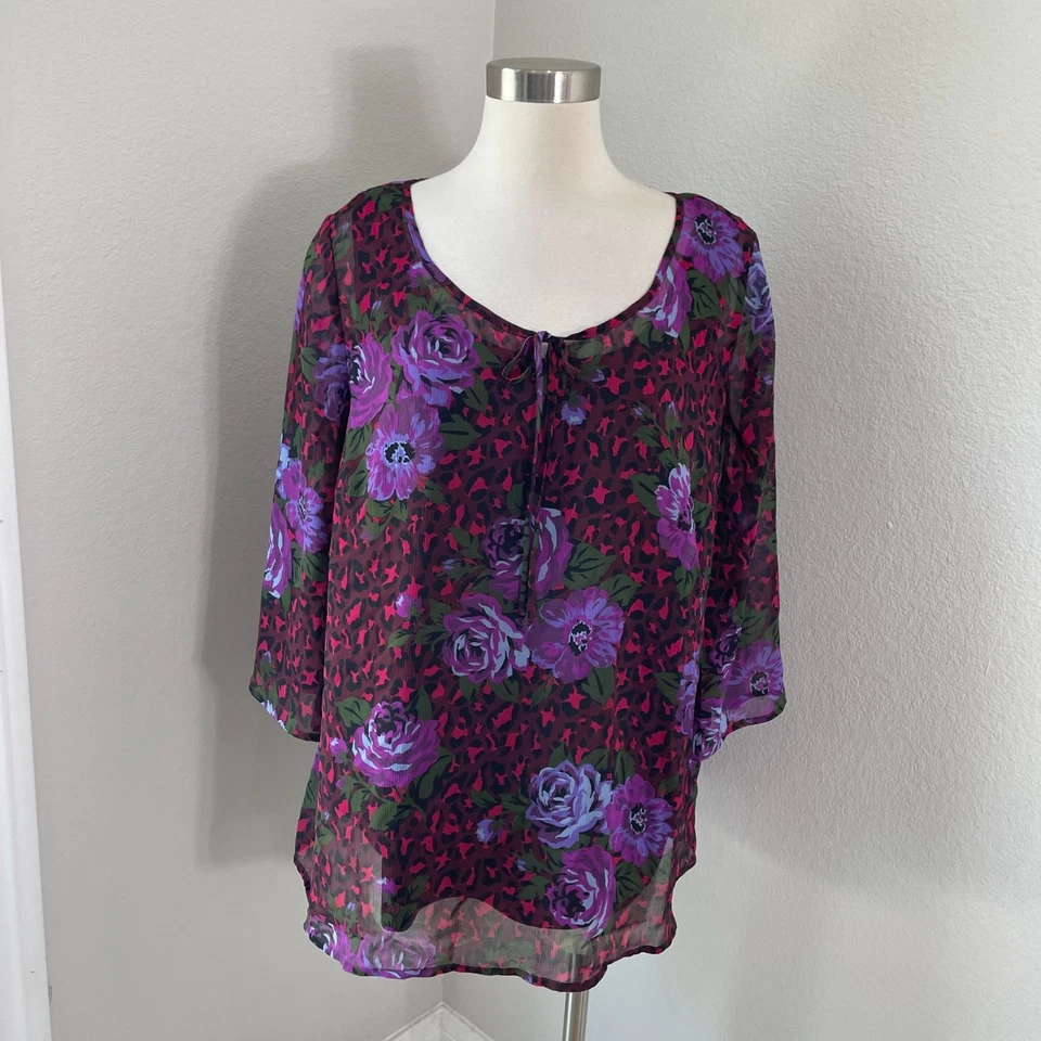 Isaac Mizrahi Live! Blusa Top Mujer Plus 1X Floral Púrpura Roja Manga 3/4 Foto 1 de 4