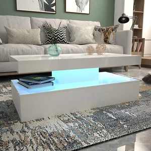 High Gloss LED Coffee Table With Storage Wooden 2 Drawer Living Room Furniture - Picture 1 of 22