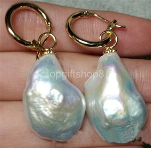 Huge AAA 23X17 mm South Sea White Baroque Pearl Earrings 14K YELLOW GOLD  - Picture 1 of 1