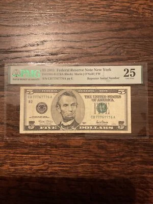 Super Repeater Binary fancy serial number CB 77767776A $5 2001 PMG 25 - Image 1 of 4