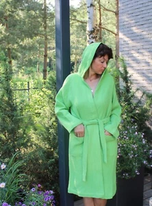 Waffle Linen Unisex Bathrobe With Hood Spa Linen Robe Natural Linen Stonewashed - Picture 1 of 10