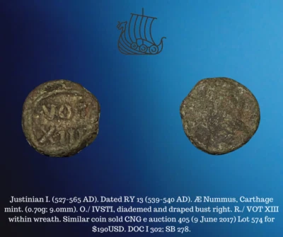 Moneda de 0,70 g bizantina Justiniano I AE Nummus Cartago 539-540 dC (13 ry) Foto 1 de 4