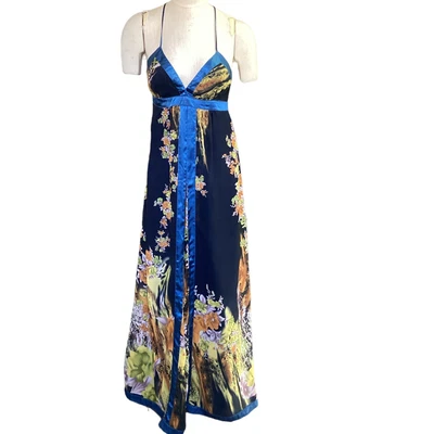 Maxi Vestido Doble Cero Floral de Gasa Borde Satinado Talla M Correas Corbata en la Espalda #236G Foto 1 de 4