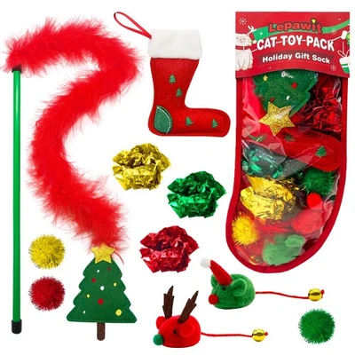 Medias de Navidad Lepawit Cat, paquete de 10 juguetes - pluma interactiva, hierba gatera, crin Foto 1 de 4