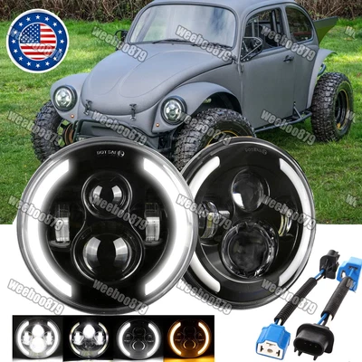 7 inch Round LED Headlights Halo Pair Kit Hi/Low Beam for VW Beetle Classic - Image 1 of 4