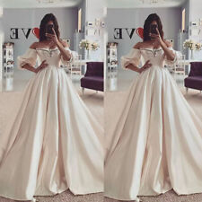 Vintage Wedding Dresses Off the Shoulder Satin Puffy Sleeve Beaded Bridal Gown
