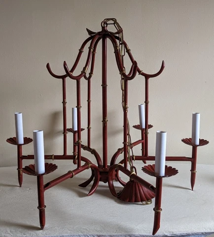 Vintage Faux Bamboo Pagoda Chandelier, Red and Gold, Hollywood Regency Cover