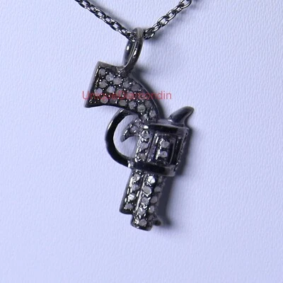 Natural Diamond 925 Silver Gun design charms Necklace Halloween Gift Pendant - Image 1 of 3