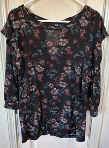 Free People Womens Lg Black Floral Sheer 3/4 Sleeve Blouse - Picture 1 of 6