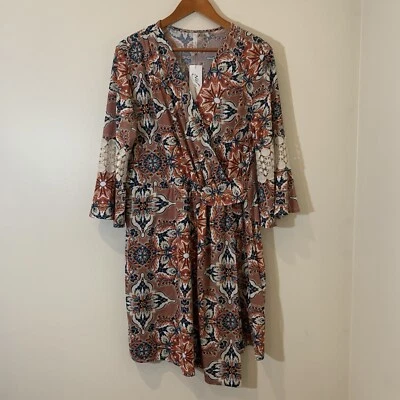 NY Collection Womens Floral Midi Dress XL Faux Wrap Colorful Jersey Crochet Lace - Image 1 of 4