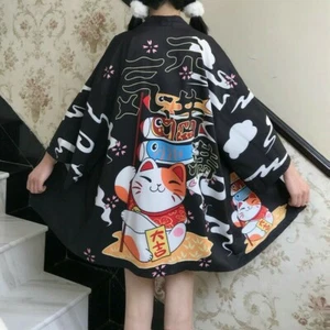 Women Japanese Coat Kimono Lucky Cat Cardigan Blouse Yukata Jacket Shirts Retro - Picture 1 of 12