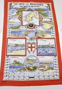 Vintage ST IVES & PENZANCE MAP Cornwall England Souvenir Cotton Tea Dish Towel - Picture 1 of 7