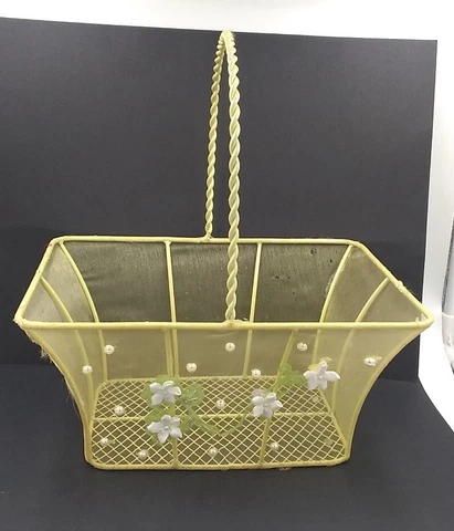 Vintage handmade Yellow nylon &  Metal silk flowers Beaded Spring Easter Basket Cover