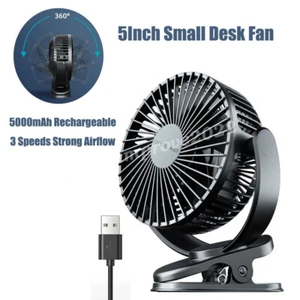 5" 5000mAh Rechargeable Portable Desktop Fan 3 Speeds Clip 360 Rotation USB - Picture 1 of 9