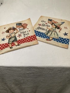 Patriotic Set 2 Pillow Cover 18" x 18" Americana Red Blue White Vintage Style - Picture 1 of 7