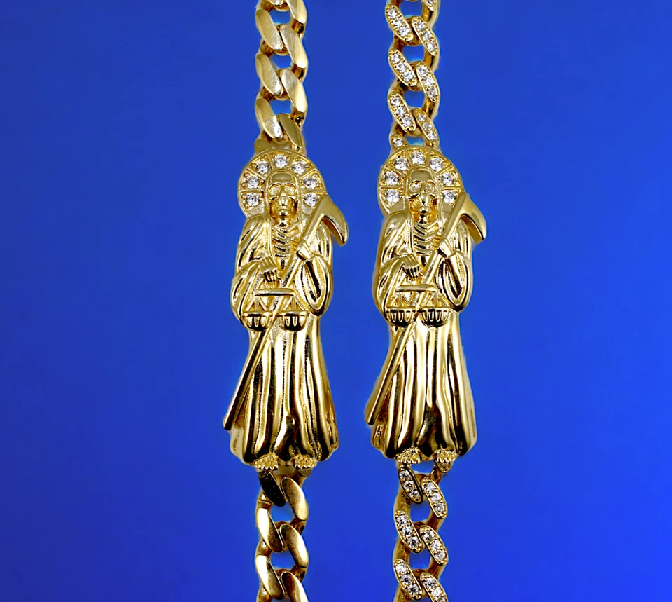 14K Yellow Gold Santa Muerte Reaper CZ Monaco Cuban Link Chain ID Bracelet - Image 1 of 4