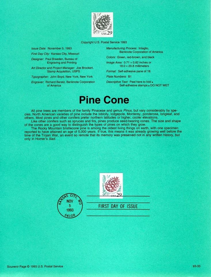 1993 USPS Souvenir Page Pine Cone Stamp w/Watermark Archival Paper - Image 1 of 1