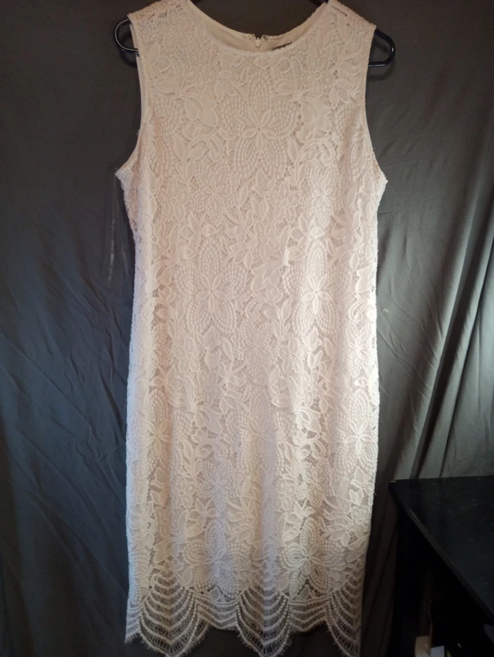 Vestido Vaina Sharagano Blanco Encaje Sin Mangas Talla 14p Foto 1 de 3