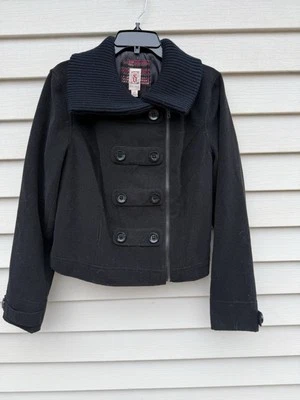 DECREE BLACK DOUBLE BREASTED LAYERED KNIT COLLARED PEAD COAT JACKET SZ L/G - Image 1 of 4