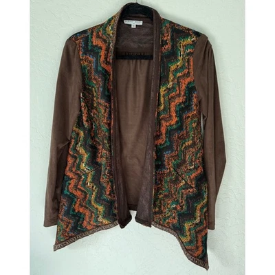 Cárdigan Suéter Alberto Makali Estampado Geométrico Frente Abierto Imitación Gamuza Talla S Foto 1 de 4