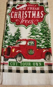 Nuevo TOALLA DE COCINA 100% Algodón Rojo Camión Árboles de Navidad Granja Corta el tuyo propio - Imagen 1 de 2